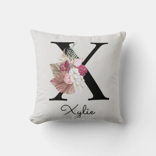 Almofada Inicial Floral Boho Rosa Monograma X