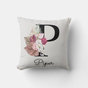 Almofada Inicial Floral Boho Rosa Monogramada P