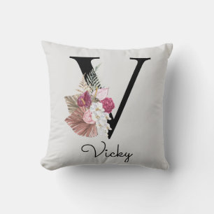 Almofada Inicial Floral Boho Rosa Monogramada V