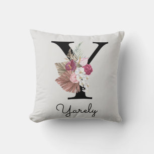 Almofada Inicial Floral Boho Rosa Monogramada Y