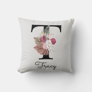 Almofada Inicial Floral Rosa Monogramada T