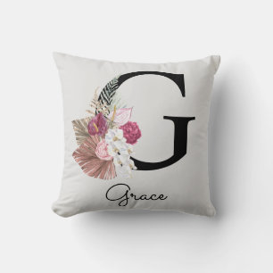 Almofada Inicial G Monograma Rosa Floral Boho
