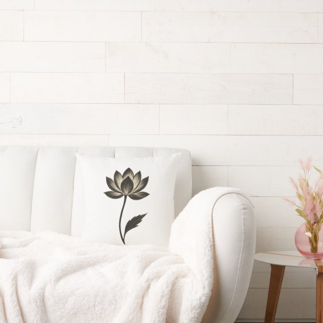 Almofada Ink Brush Lotus – Minimalist Floral Design on  (Sofá)
