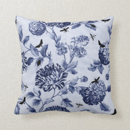 Almofada Insetos botânicos Toile floral do vintage do azul