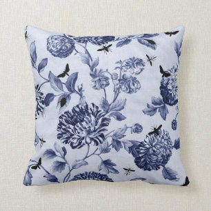 Almofada Insetos botânicos Toile floral do vintage do azul