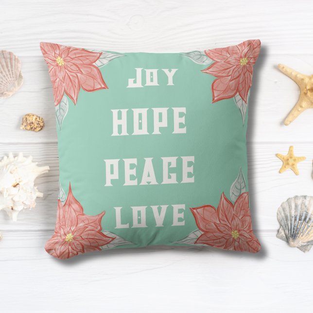 Almofada Inspirational Poinsettia Joy Hope Peace Love (Love the pastel colors in this Inspirational Original Poinsettia Art Pillow. Cheerful and Boho Chic!)