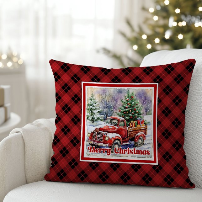 Almofada Inviting red truck winter scene rustic holiday   (Inviting red truck winter scene rustic holiday Throw Pillow)