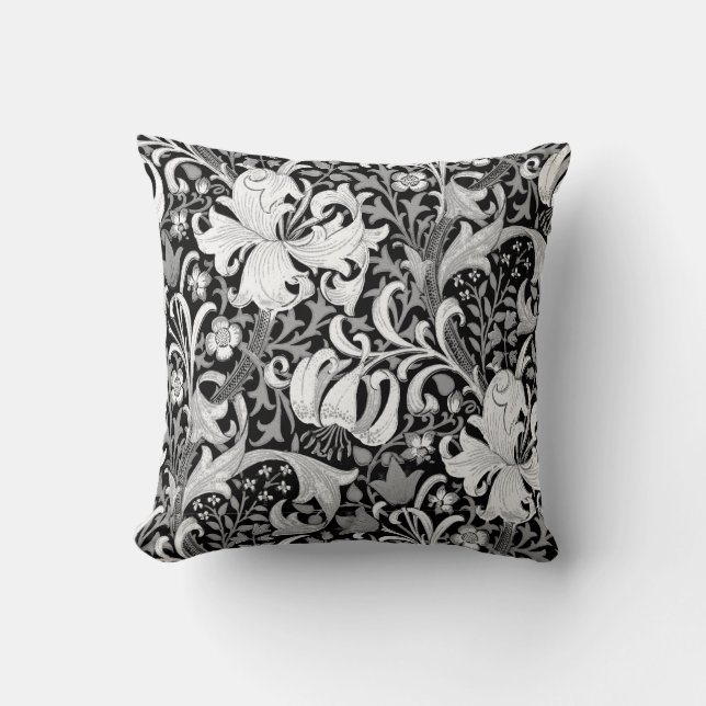 Almofada Íris e lírio de William Morris, preto e branco (Frente)