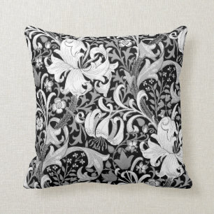 Almofada Íris e lírio de William Morris, preto e branco