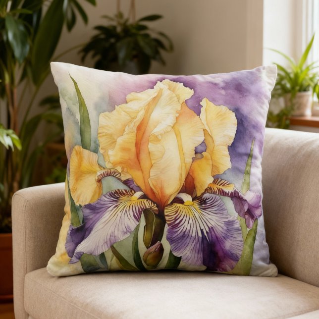 Almofada Iris Schwertlilie lila orange - Aquarell-Design |  (Kissen mit einer romantischen Schwertlilie - Iris in Gelb und Lila - Aquarelldesign)