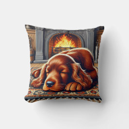Almofada Irish Setter Puppy Dormindo por uma Lareira quente