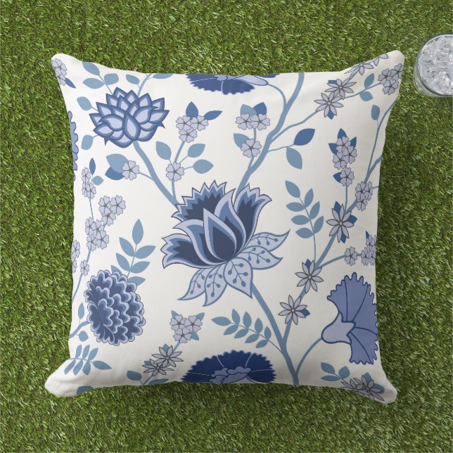 Almofada Jacobean Floral Lg Pattern Blue em Branco (Grama)