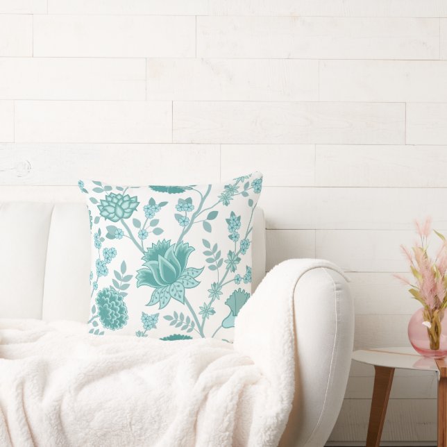 Almofada Jacobean Floral Lg Patterno Teals em Branco (Sofá)