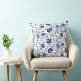 Almofada Jacobean Floral Pattern Blues em Branco