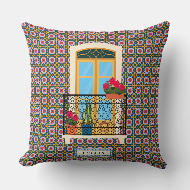 Almofada Janela da casa de Lisboa com plantas e azulejos (Frente)