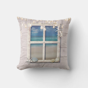 Almofada Janela da Praia Tropical Branco Madeira Elegante C