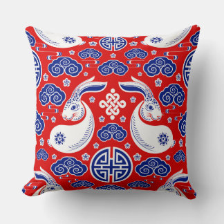 Almofada Japanese Art Rabbit Red, Blue Throw Pillows