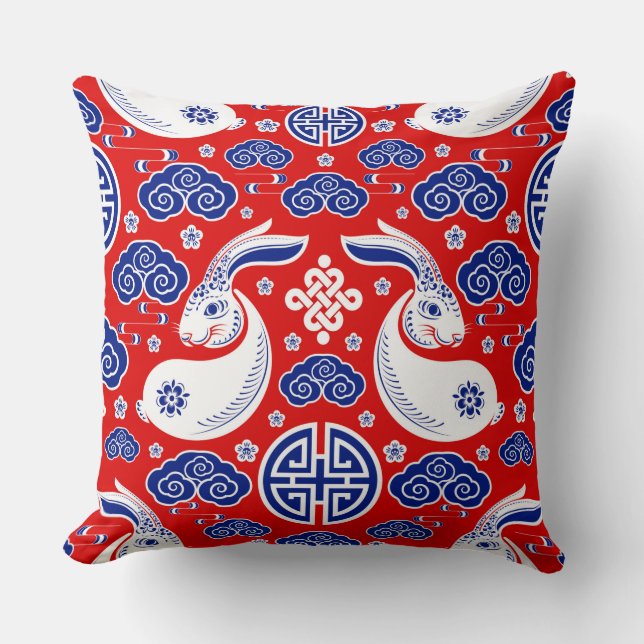 Almofada Japanese Art Rabbit Red, Blue Throw Pillows (Frente)