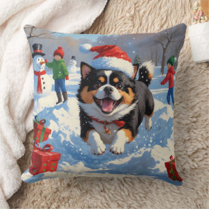 Almofada Japanese Chin Correndo na Neve com Chapéu de Natal