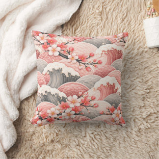 Almofada Japanese Wave Cherry Blossom Pattern Pink Coral 