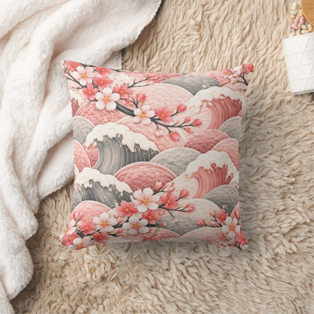 Almofada Japanese Wave Cherry Blossom Pattern Pink Coral  (Cobertor)