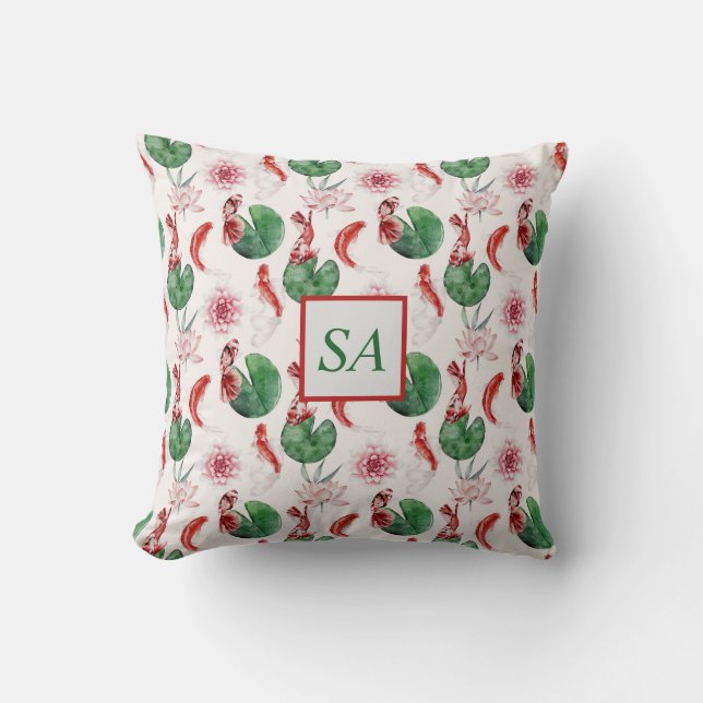 Almofada Japonês Watercolor Koi Fish Lotus (Frente)