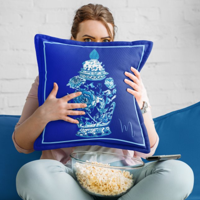 Almofada Jar de Ginger Elegante Monograma Branco Azul (Criador carregado)