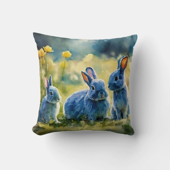 Almofada Jardim Blue Bunny: Travesseiro em Estilo Aquarela (Frente)