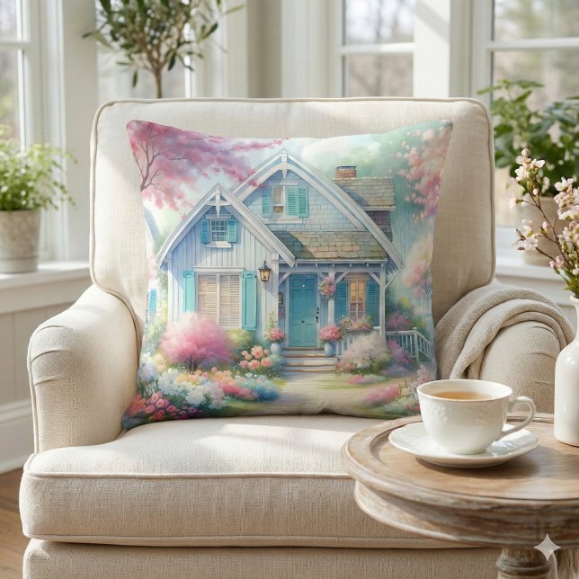 Almofada Jardim da Cottage Blue da Rua Blossom (Blossom Lane Blue Cottage Garden Throw Pillow Mockup A)