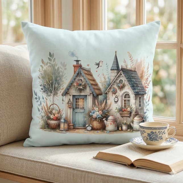 Almofada Jardim de algodão (Cottage Haven Floral Homes Illustration Throw Pillow In Window Seat)