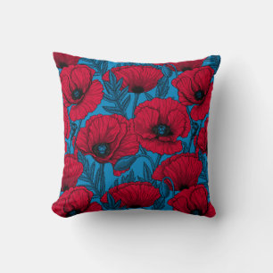 Almofada Jardim de papoila vermelho em azul