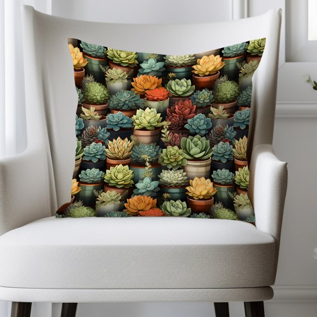Almofada Jardim de Suculentas Plantas Cactus  (Succulents in planter pots pillow)