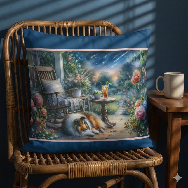 Almofada Jardim Estrelado Varanda Sheltie Sonho (Starlit Garden Porch Sheltie Dream Throw Pillow Mockup A)