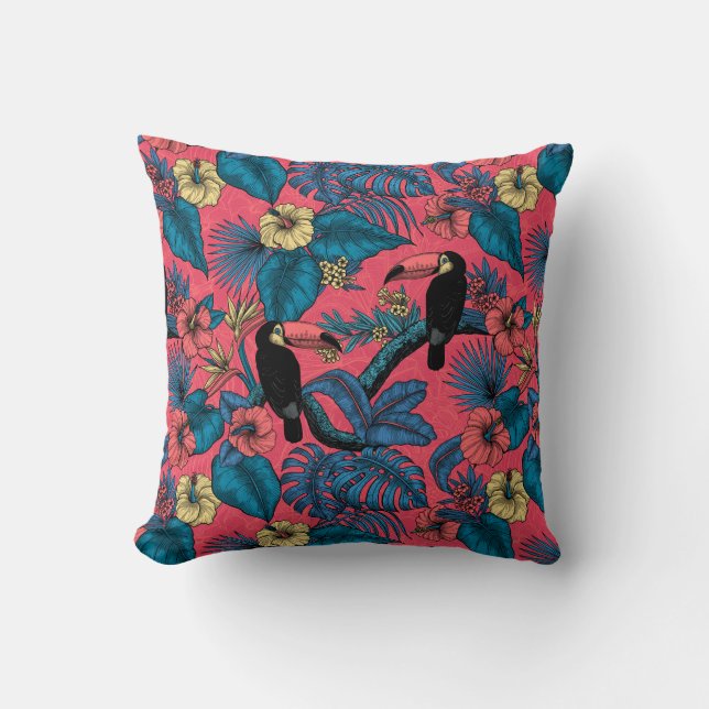 Almofada Jardim tucano em vermelho e azul (Frente)