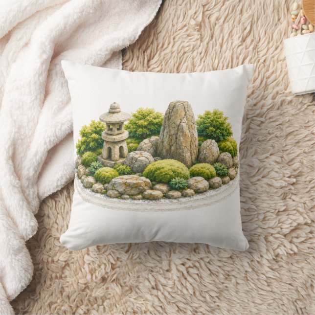 Almofada Jardim Zen Japonês com Lanterna de Pedra e Rocha (Cobertor)