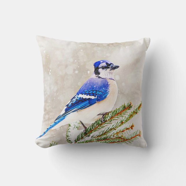 Almofada Jay azul em um pinheiro com neve (Frente)