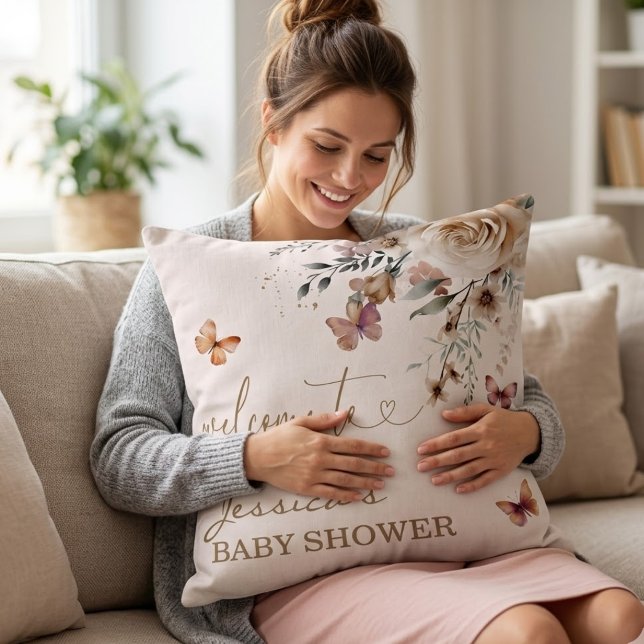 Almofada Jessica's Baby Shower Welcome Butterfly Floral (Criador carregado)