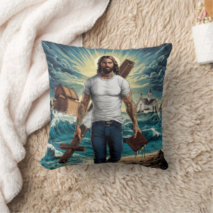 Almofada Jesus andando em águas turbulentas com cruz