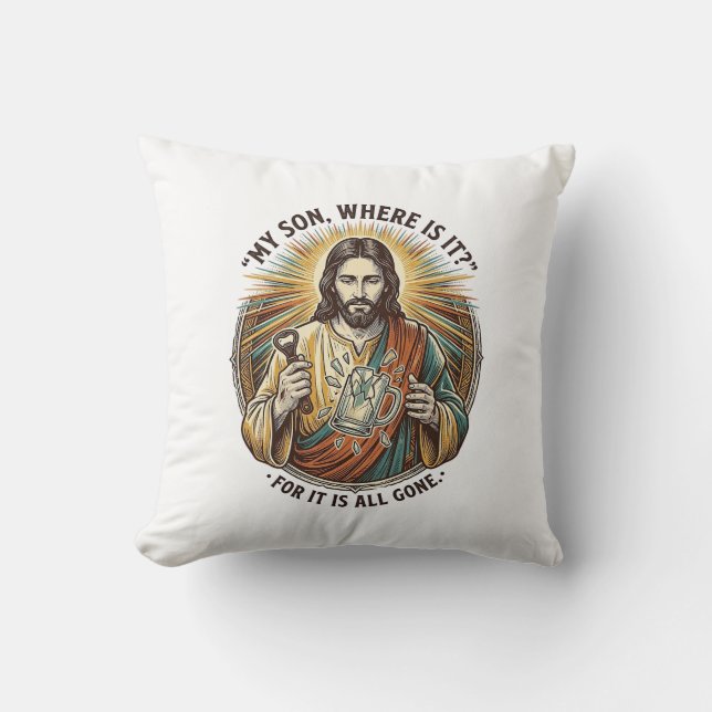 Almofada Jesus Caneca De Cerveja Quebrada Vazia Barman Bebe (Frente)