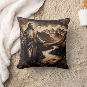 Almofada Jesus com armas estendidas na paisagem montanhosa