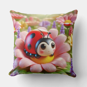 Almofada Joaninha Adorável Sentada em Flor Rosa