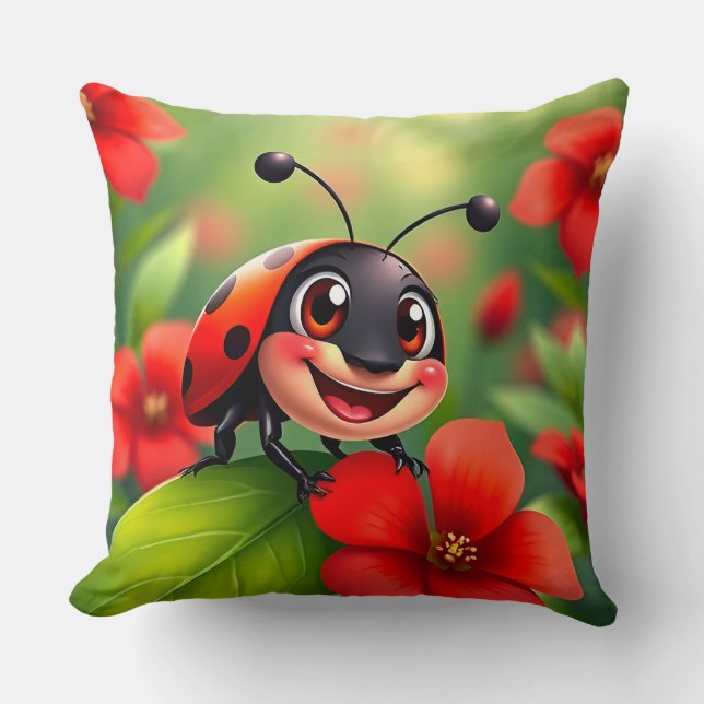 Almofada Joaninha de Desenho Animado Sorridente Sentada num (Frente)