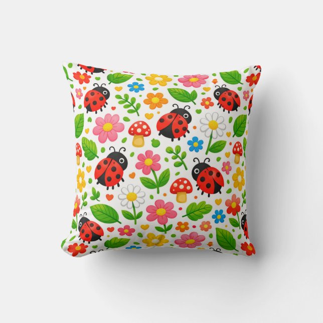 Almofada Joaninhas Florais Fofas Crianças com Flores e Folh (Frente)