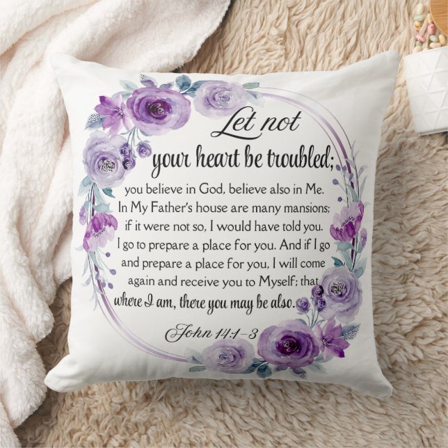 Almofada John 14:1-3 Bíblia Verso Roxo Floral (Cobertor)