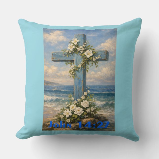 Almofada John 14:27 Beach Cross Throw Pillow (Frente)