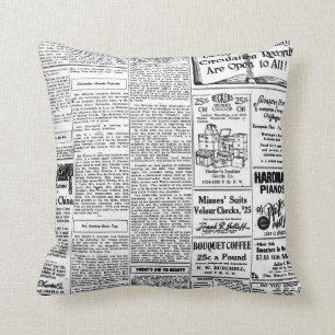 Almofada Jornal preto & branco velho, anúncio retro do