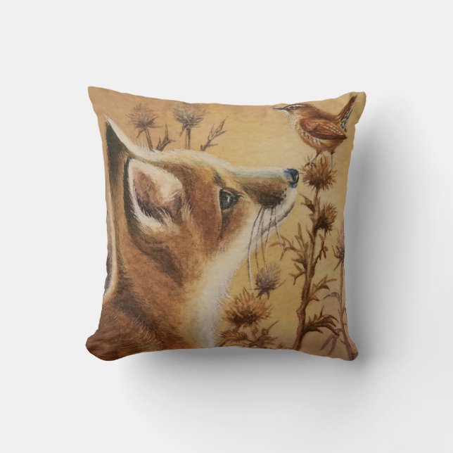 Almofada Jovem Red Fox & Carolina Wren Bird Watercolor Art (Frente)