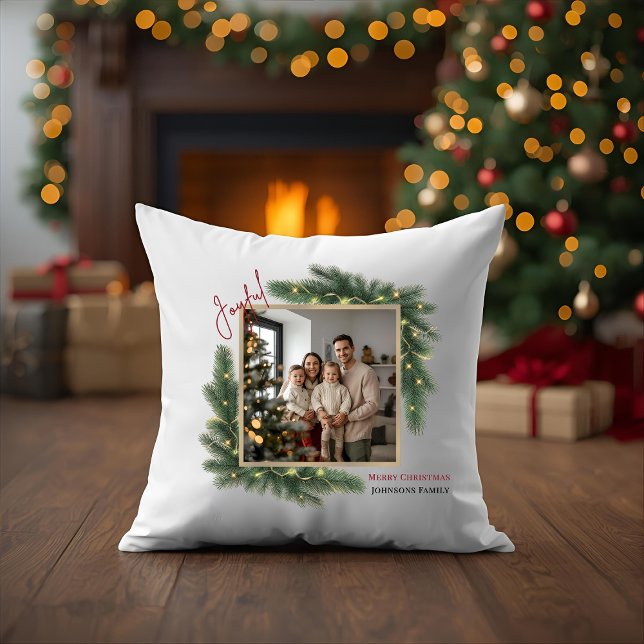Almofada Joyful Christmas Photo Frame Family Throw Pillow (Criador carregado)