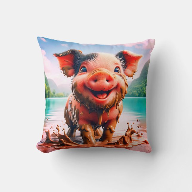 Almofada "Joyful Piglet in Mud Bath - Whimsical Fazenda Art (Frente)