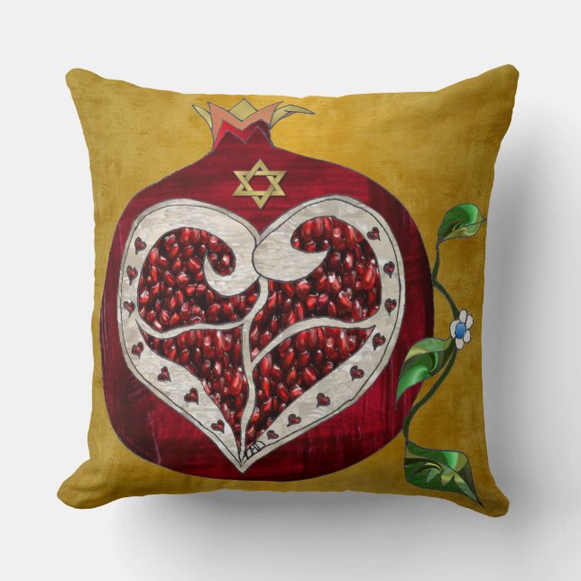 Almofada Judaica Pomegranate Heart Hanukkah Rosh Hashanah (Frente)